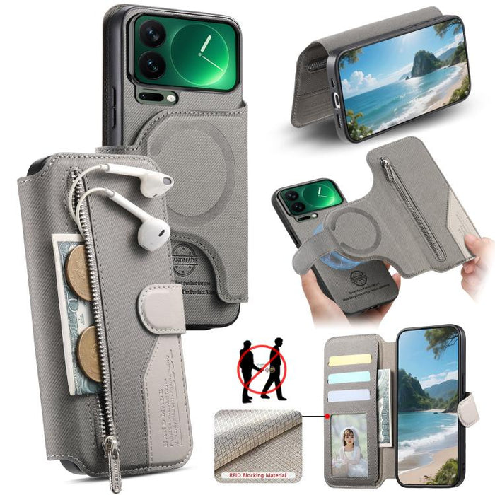Funda de cuero para teléfono con cremallera, diseño de sarga, MagSafe RFID y protección antirrobo., For Xiaomi 17 Pro Max, For Xiaomi 15T Pro 5G, For Xiaomi 15T 5G, For Xiaomi Poco X7 Pro, For Xiaomi 15 Pro, For Xiaomi 15