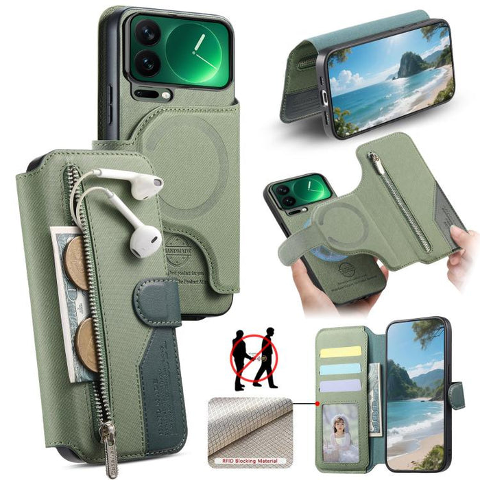 Funda de cuero para teléfono con cremallera, diseño de sarga, MagSafe RFID y protección antirrobo., For Xiaomi 17 Pro Max, For Xiaomi 15T Pro 5G, For Xiaomi 15T 5G, For Xiaomi Poco X7 Pro, For Xiaomi 15 Pro, For Xiaomi 15