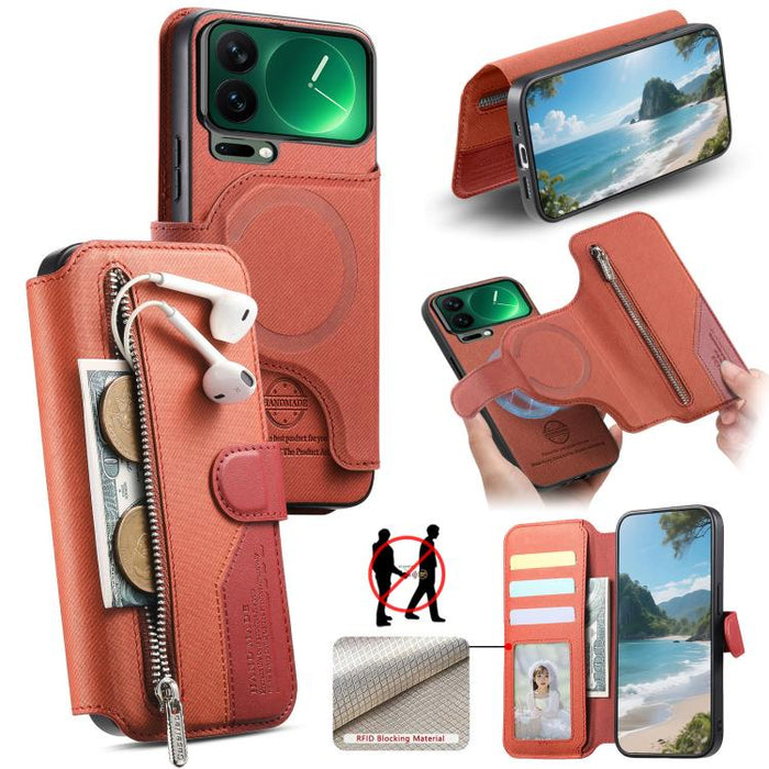Funda de cuero para teléfono con cremallera, diseño de sarga, MagSafe RFID y protección antirrobo., For Xiaomi 17 Pro Max, For Xiaomi 15T Pro 5G, For Xiaomi 15T 5G, For Xiaomi Poco X7 Pro, For Xiaomi 15 Pro, For Xiaomi 15