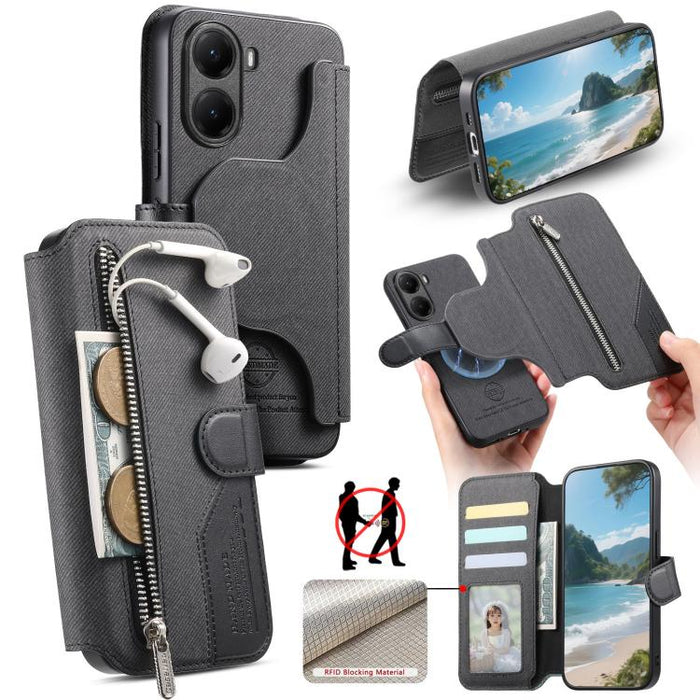 Funda de cuero para teléfono con cremallera, diseño de sarga, MagSafe RFID y protección antirrobo., For Xiaomi 17 Pro Max, For Xiaomi 15T Pro 5G, For Xiaomi 15T 5G, For Xiaomi Poco X7 Pro, For Xiaomi 15 Pro, For Xiaomi 15