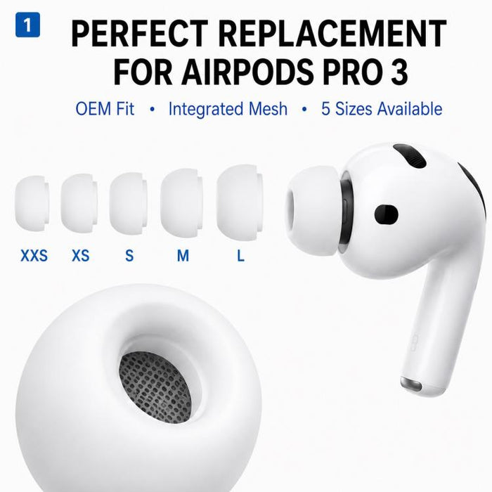Kit de 5 pares de almohadillas de silicona de repuesto para auriculares XDcase, tamaños L/M/S/XS/XXS, For AirPods Pro 3