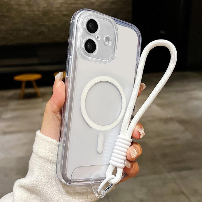 Funda para teléfono transparente magnética de TPU híbrida acrílica con orificios precisos y resistente a los golpes, con cordón., For iPhone 17 Pro Max, For iPhone 17 Pro, For iPhone 17, For iPhone Air