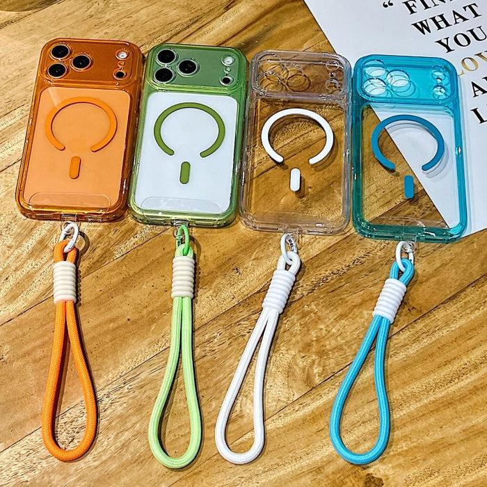 Funda para teléfono transparente magnética de TPU híbrida acrílica con orificios precisos y resistente a los golpes, con cordón., For iPhone 17 Pro Max, For iPhone 17 Pro, For iPhone 17, For iPhone Air