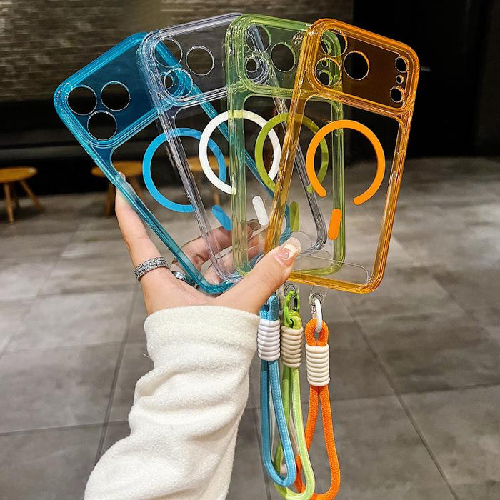 Funda para teléfono transparente magnética de TPU híbrida acrílica con orificios precisos y resistente a los golpes, con cordón., For iPhone 17 Pro Max, For iPhone 17 Pro, For iPhone 17, For iPhone Air