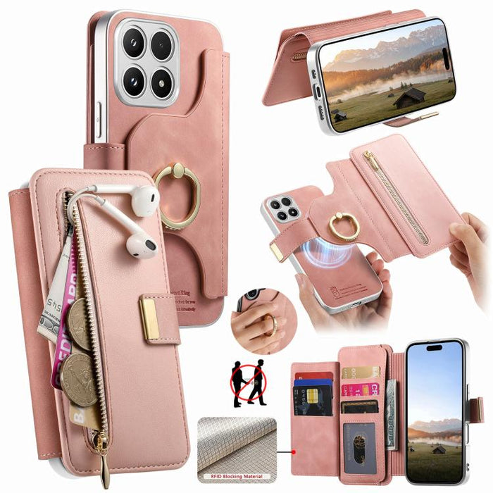 Cartera con cremallera, anillo plateado con orificio de precisión y bloqueo RFID, funda magnética para teléfono de cuero vegano, For Xiaomi 17