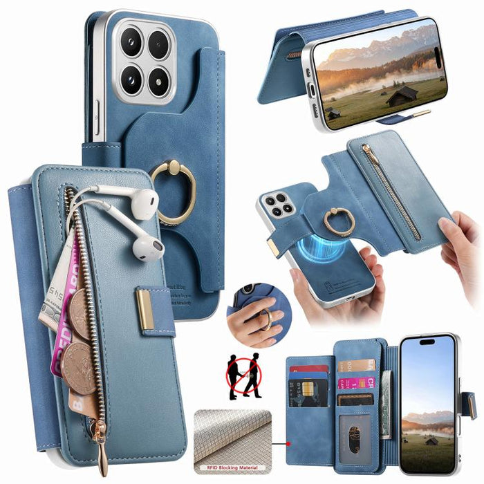 Cartera con cremallera, anillo plateado con orificio de precisión y bloqueo RFID, funda magnética para teléfono de cuero vegano, For Xiaomi 17