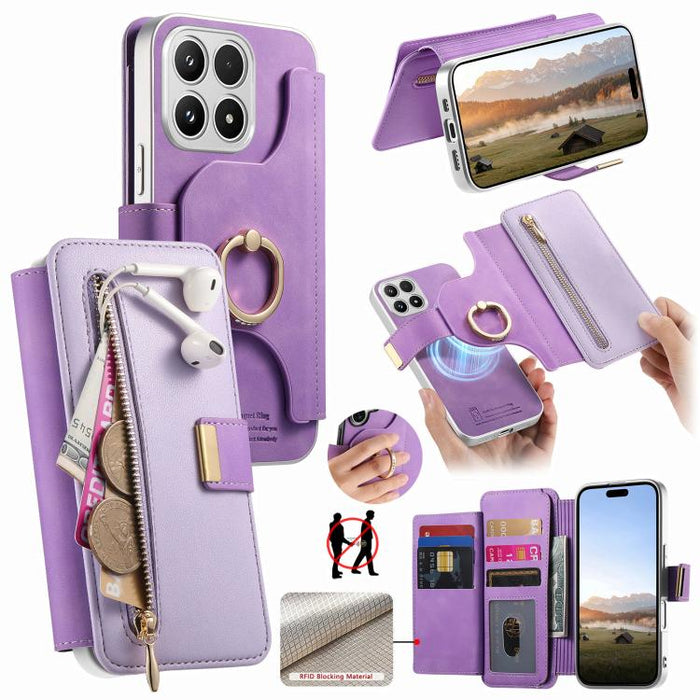 Cartera con cremallera, anillo plateado con orificio de precisión y bloqueo RFID, funda magnética para teléfono de cuero vegano, For Xiaomi 17