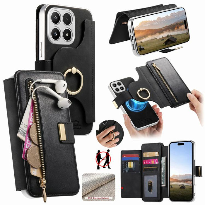 Cartera con cremallera, anillo plateado con orificio de precisión y bloqueo RFID, funda magnética para teléfono de cuero vegano, For Xiaomi 17