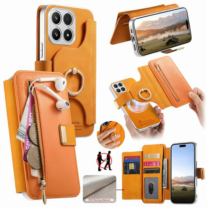 Cartera con cremallera, anillo plateado con orificio de precisión y bloqueo RFID, funda magnética para teléfono de cuero vegano, For Xiaomi 17