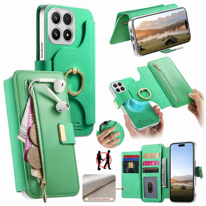 Cartera con cremallera, anillo plateado con orificio de precisión y bloqueo RFID, funda magnética para teléfono de cuero vegano, For Xiaomi 17