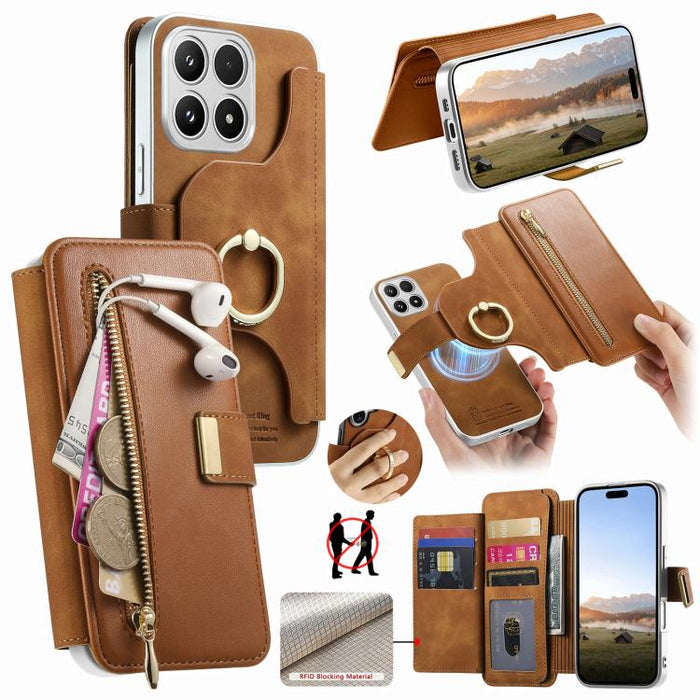 Cartera con cremallera, anillo plateado con orificio de precisión y bloqueo RFID, funda magnética para teléfono de cuero vegano, For Xiaomi 17