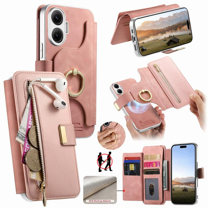 Cartera con cremallera, anillo plateado con orificio de precisión y bloqueo RFID, funda magnética para teléfono de cuero vegano, For Redmi Turbo 4 Pro / Poco F7, For Redmi Turbo 4, For Redmi Note 14 5G