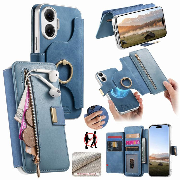 Cartera con cremallera, anillo plateado con orificio de precisión y bloqueo RFID, funda magnética para teléfono de cuero vegano, For Redmi Turbo 4 Pro / Poco F7, For Redmi Turbo 4, For Redmi Note 14 5G