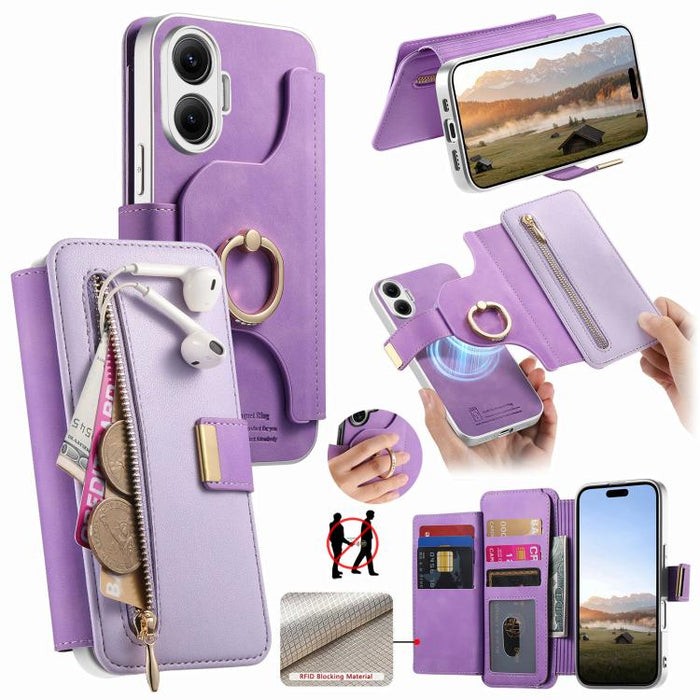 Cartera con cremallera, anillo plateado con orificio de precisión y bloqueo RFID, funda magnética para teléfono de cuero vegano, For Redmi Turbo 4 Pro / Poco F7, For Redmi Turbo 4, For Redmi Note 14 5G