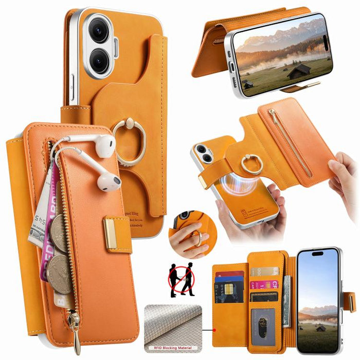 Cartera con cremallera, anillo plateado con orificio de precisión y bloqueo RFID, funda magnética para teléfono de cuero vegano, For Redmi Turbo 4 Pro / Poco F7, For Redmi Turbo 4, For Redmi Note 14 5G