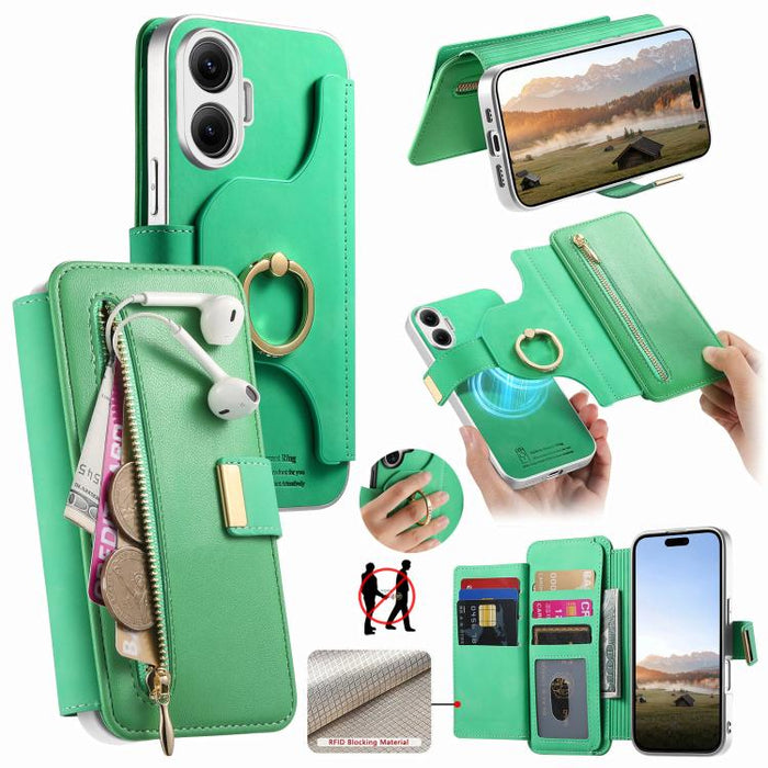 Cartera con cremallera, anillo plateado con orificio de precisión y bloqueo RFID, funda magnética para teléfono de cuero vegano, For Redmi Turbo 4 Pro / Poco F7, For Redmi Turbo 4, For Redmi Note 14 5G