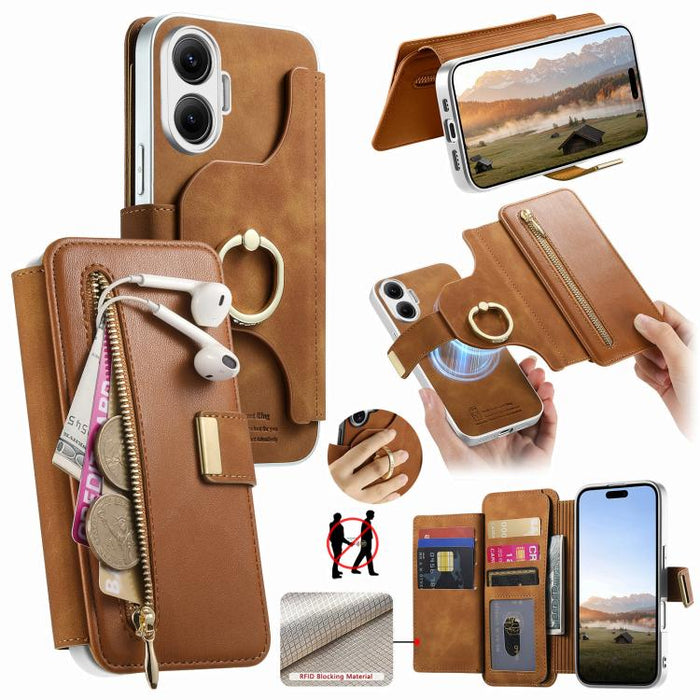 Cartera con cremallera, anillo plateado con orificio de precisión y bloqueo RFID, funda magnética para teléfono de cuero vegano, For Redmi Turbo 4 Pro / Poco F7, For Redmi Turbo 4, For Redmi Note 14 5G