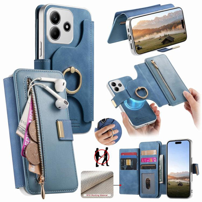 Cartera con cremallera, anillo plateado con orificio de precisión y bloqueo RFID, funda magnética para teléfono de cuero vegano, For Redmi Turbo 4 Pro / Poco F7, For Redmi Turbo 4, For Redmi Note 14 5G