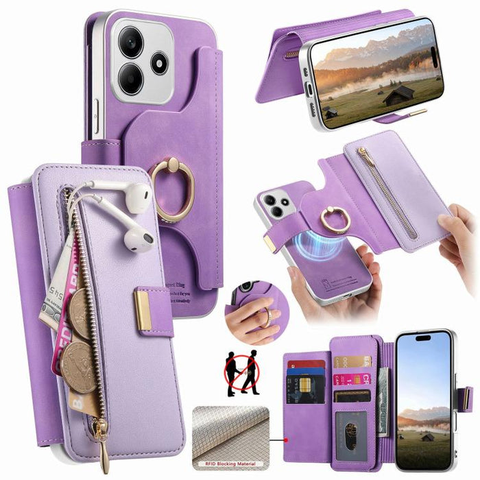 Cartera con cremallera, anillo plateado con orificio de precisión y bloqueo RFID, funda magnética para teléfono de cuero vegano, For Redmi Turbo 4 Pro / Poco F7, For Redmi Turbo 4, For Redmi Note 14 5G