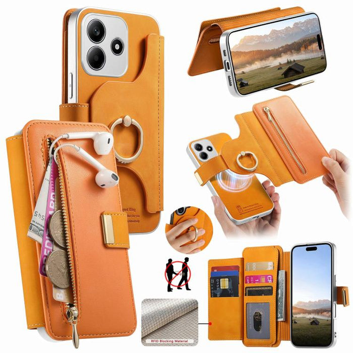 Cartera con cremallera, anillo plateado con orificio de precisión y bloqueo RFID, funda magnética para teléfono de cuero vegano, For Redmi Turbo 4 Pro / Poco F7, For Redmi Turbo 4, For Redmi Note 14 5G