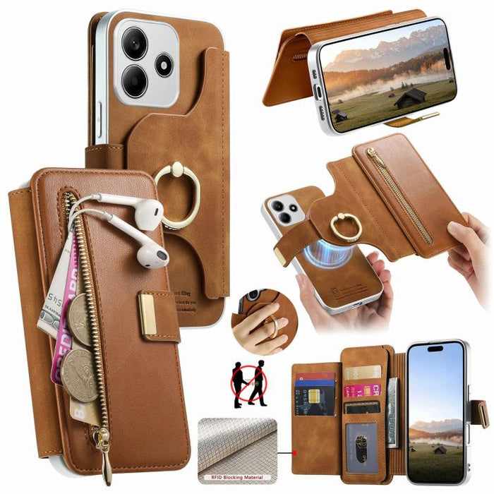 Cartera con cremallera, anillo plateado con orificio de precisión y bloqueo RFID, funda magnética para teléfono de cuero vegano, For Redmi Turbo 4 Pro / Poco F7, For Redmi Turbo 4, For Redmi Note 14 5G