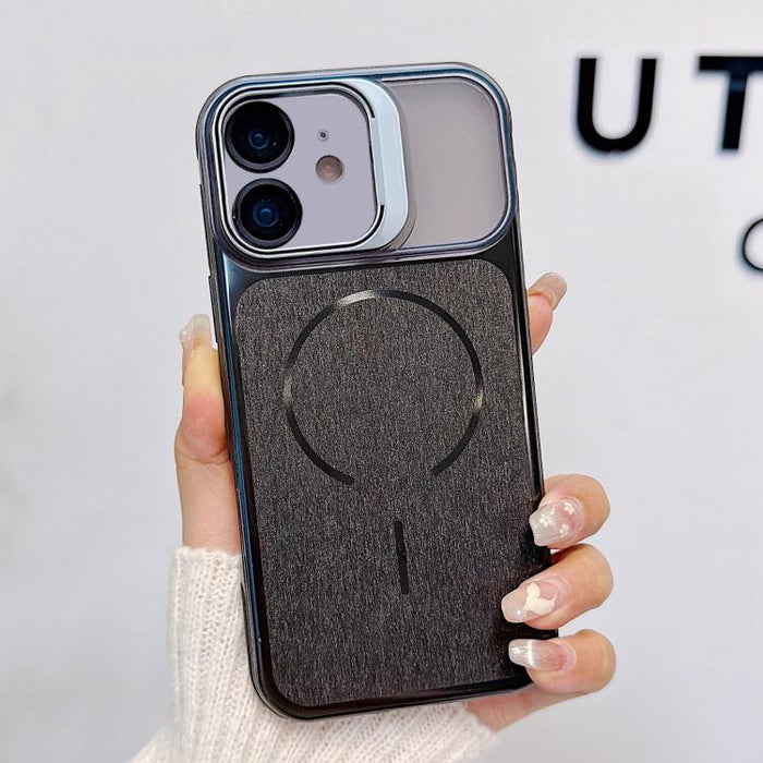 Funda magnética cepillada para teléfono con soporte para marco de lente, For iPhone 13 Pro Max, For iPhone 13 Pro, For iPhone 13, For iPhone 12, For iPhone 12 Pro Max, For iPhone 12 Pro, For iPhone 11