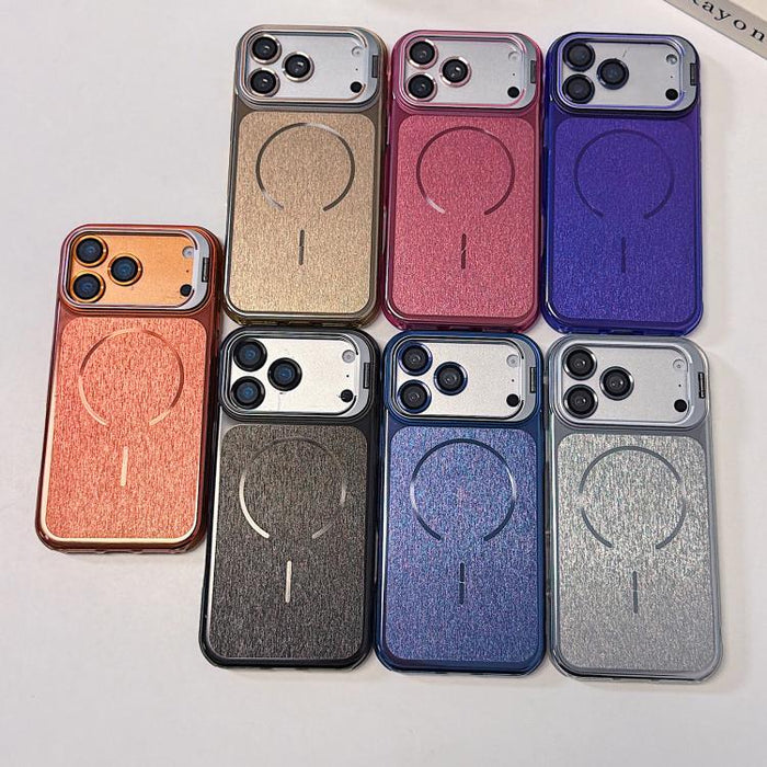 Funda magnética cepillada para teléfono con soporte para marco de lente, For iPhone 13 Pro Max, For iPhone 13 Pro, For iPhone 13, For iPhone 12, For iPhone 12 Pro Max, For iPhone 12 Pro, For iPhone 11
