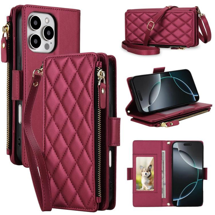 Bolso bandolera Diamond con 9 ranuras para tarjetas y cremallera, funda para teléfono de piel vegana., For iPhone 17 Pro Max, For iPhone 17 Pro, For iPhone 16 Pro Max, For iPhone 16 Pro, For iPhone 15 Pro Max, For iPhone 15 Pro, For iPhone 14 Pro      ...