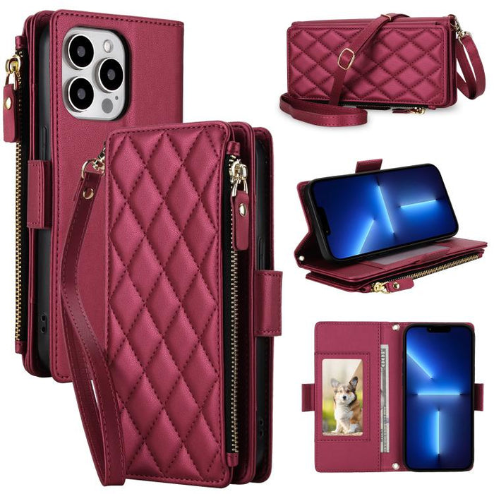 Bolso bandolera Diamond con 9 ranuras para tarjetas y cremallera, funda para teléfono de piel vegana., For iPhone 17 Pro Max, For iPhone 17 Pro, For iPhone 16 Pro Max, For iPhone 16 Pro, For iPhone 15 Pro Max, For iPhone 15 Pro, For iPhone 14 Pro      ...