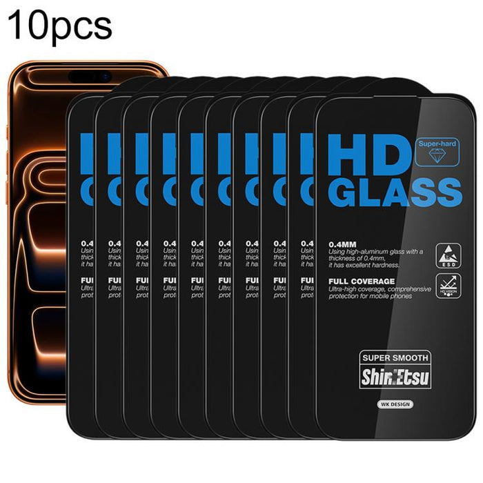 WK WTP-137 10 unidades de lámina de vidrio templado HD curva 6D a prueba de polvo, For iPhone 17e / 16e / 14 / 13 Pro, For iPhone 17 Pro Max, For iPhone 17 Pro, For iPhone 17 / 16 Pro, For iPhone Air, For iPhone 16 Pro Max, For iPhone 16 Plus / 15 Plus...