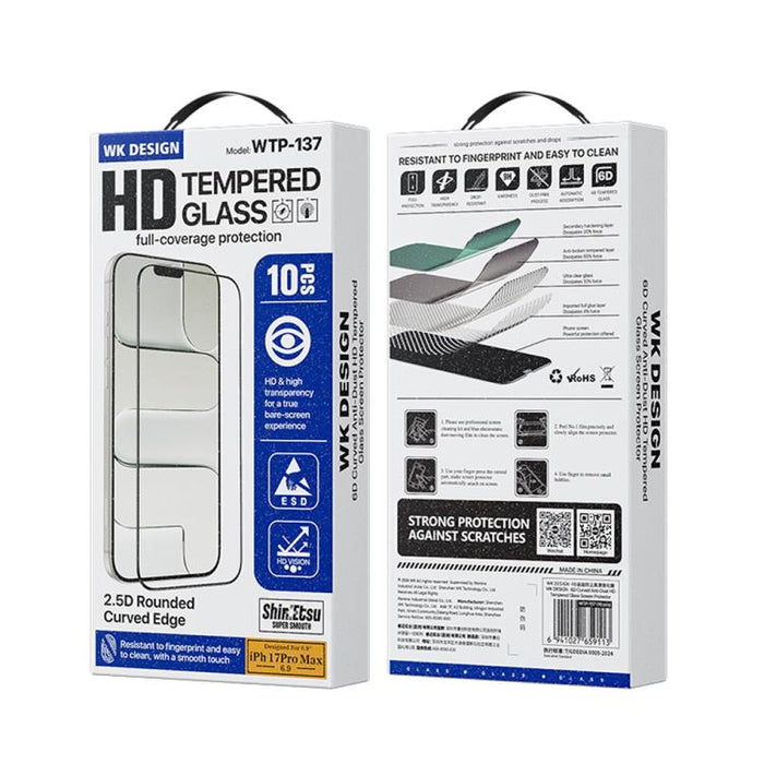 WK WTP-137 10 unidades de lámina de vidrio templado HD curva 6D a prueba de polvo, For iPhone 17e / 16e / 14 / 13 Pro, For iPhone 17 Pro Max, For iPhone 17 Pro, For iPhone 17 / 16 Pro, For iPhone Air, For iPhone 16 Pro Max, For iPhone 16 Plus / 15 Plus...
