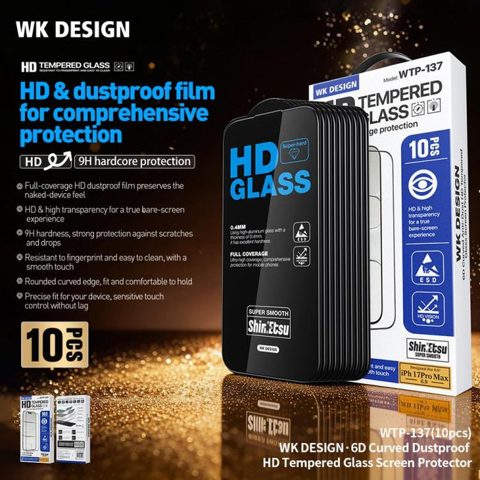 WK WTP-137 10 unidades de lámina de vidrio templado HD curva 6D a prueba de polvo, For iPhone 17e / 16e / 14 / 13 Pro, For iPhone 17 Pro Max, For iPhone 17 Pro, For iPhone 17 / 16 Pro, For iPhone Air, For iPhone 16 Pro Max, For iPhone 16 Plus / 15 Plus...