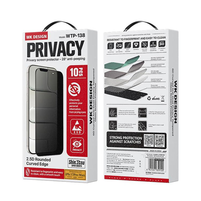 WK WTP-138 10 unidades de lámina de vidrio templado curva 6D a prueba de polvo para mayor privacidad, For iPhone 17e / 16e / 14 / 13 Pro, For iPhone 17 Pro Max, For iPhone 17 Pro, For iPhone 17 / 16 Pro, For iPhone Air, For iPhone 16 Pro Max           ...