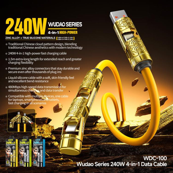 Cable de datos WK WDC-100 Wudao Series USB-A, Tipo-C a Tipo-C, 8 pines, 240 W, 4 en 1, 1.5m