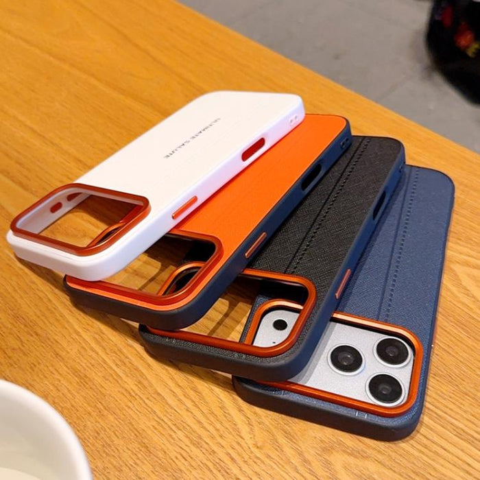 Funda para teléfono de cuero vegano con marco de lente de cámara de metal y botones, For iPhone 17 Pro Max, For iPhone 17 Pro, For iPhone 17, For iPhone Air, For iPhone 16 Pro Max, For iPhone 16 Pro, For iPhone 16 Plus, For iPhone 16                   ...
