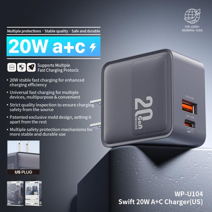Cargador WK WP-U104 Swift de 20 W con puertos USB-C/Tipo-C y USB-A, US Plug, EU Plug, UK Plug