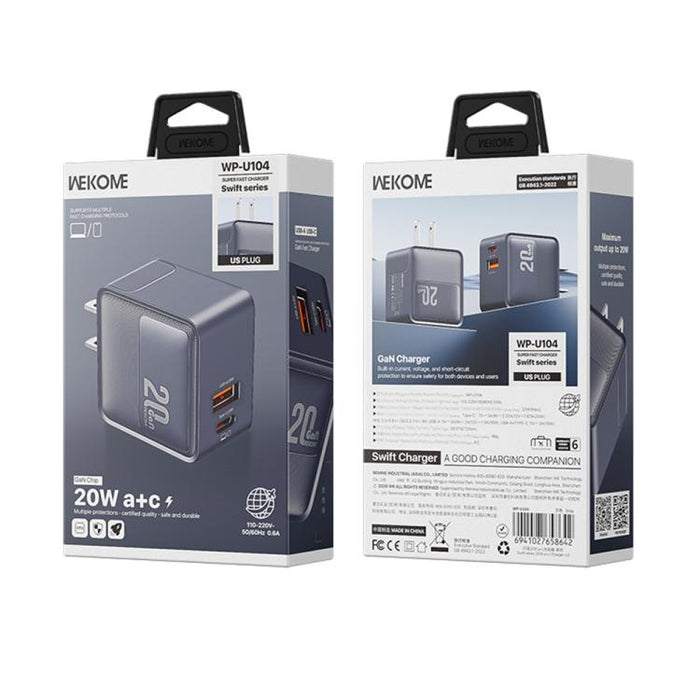 Cargador WK WP-U104 Swift de 20 W con puertos USB-C/Tipo-C y USB-A, US Plug, EU Plug, UK Plug