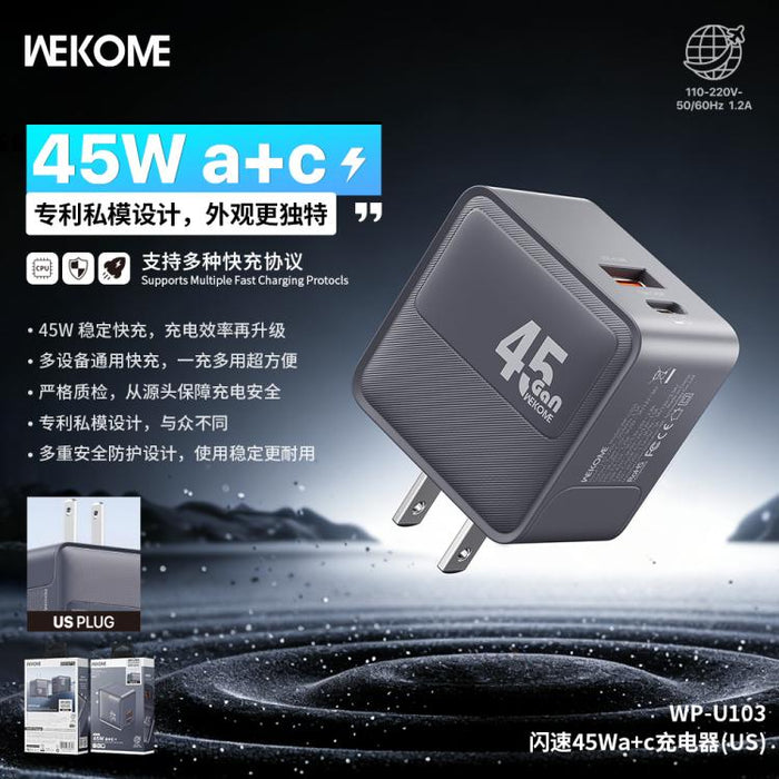 Cargador WK WP-U103 Swift de 45 W con puertos USB-C/Tipo-C y USB-A, US Plug, EU Plug, UK Plug