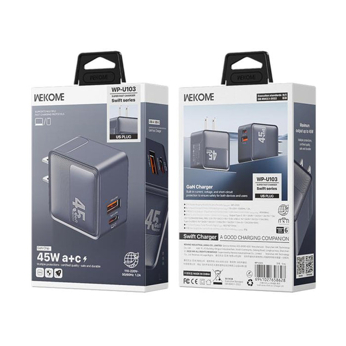 Cargador WK WP-U103 Swift de 45 W con puertos USB-C/Tipo-C y USB-A, US Plug, EU Plug, UK Plug