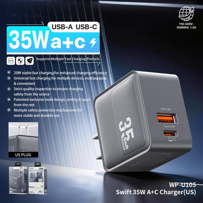 Cargador WK WP-U105 Swift de 35 W con puertos USB-C/Tipo-C y USB-A, US Plug, EU Plug, UK Plug