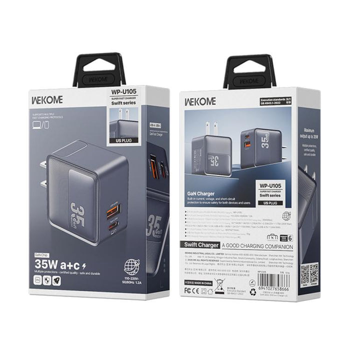 Cargador WK WP-U105 Swift de 35 W con puertos USB-C/Tipo-C y USB-A, US Plug, EU Plug, UK Plug
