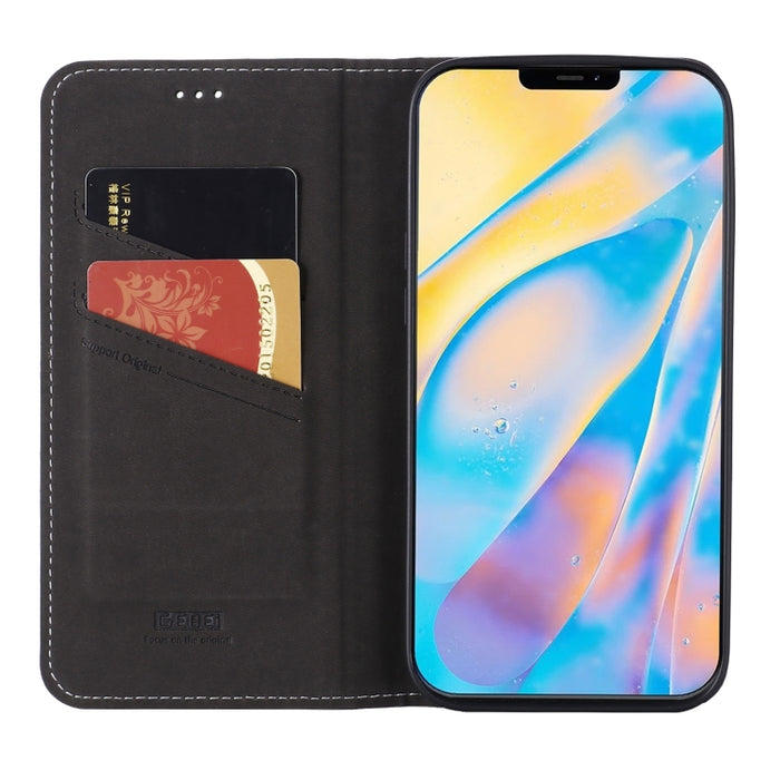 Estuche protector con tapa horizontal de cuero de grano superior GEBEI con soporte y ranuras para tarjetas