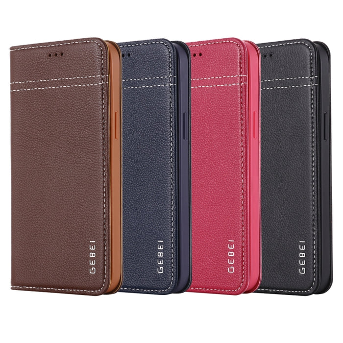 Estuche protector con tapa horizontal de cuero de grano superior GEBEI con soporte y ranuras para tarjetas