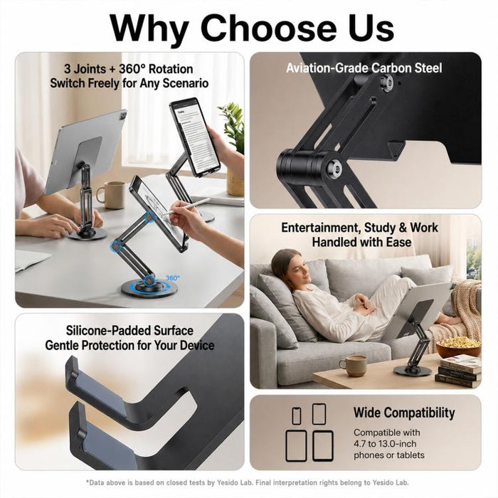 Soporte plegable de escritorio para tablet y teléfono Yesido C302 con rotación de 360 grados y 3 ejes., C302