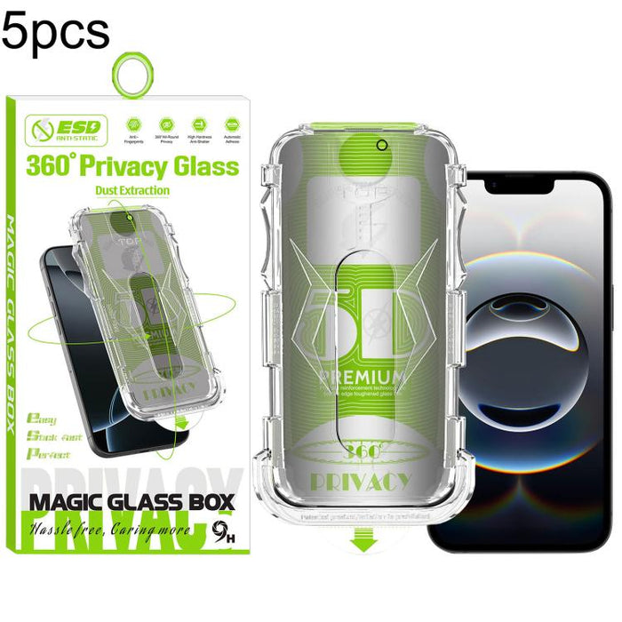 5 unidades de caja curva 5D a prueba de polvo, fácil instalación, con pantalla de vidrio templado de privacidad de borde a borde y 360 grados., For iPhone 17e / 16e / 14 / 13 Pro, For iPhone 17 Pro Max, For iPhone 17 Pro, For iPhone 17 / 16 Pro        ...