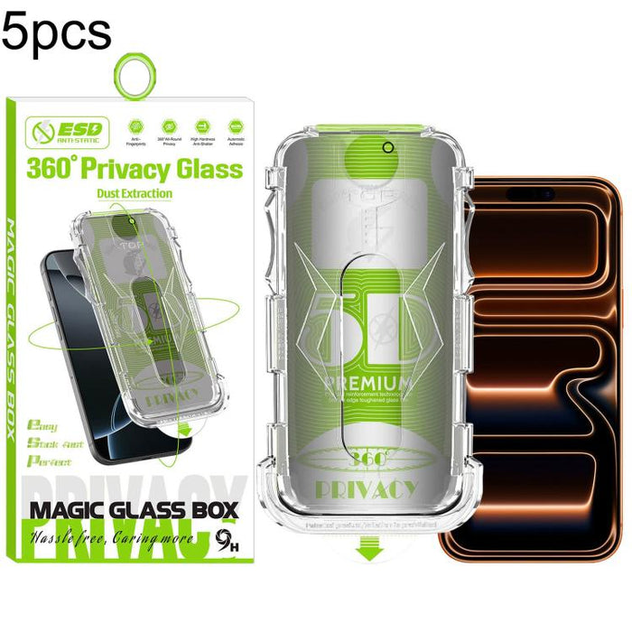 5 unidades de caja curva 5D a prueba de polvo, fácil instalación, con pantalla de vidrio templado de privacidad de borde a borde y 360 grados., For iPhone 17e / 16e / 14 / 13 Pro, For iPhone 17 Pro Max, For iPhone 17 Pro, For iPhone 17 / 16 Pro        ...