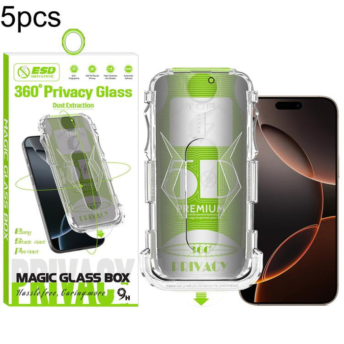 5 unidades de caja curva 5D a prueba de polvo, fácil instalación, con pantalla de vidrio templado de privacidad de borde a borde y 360 grados., For iPhone 17e / 16e / 14 / 13 Pro, For iPhone 17 Pro Max, For iPhone 17 Pro, For iPhone 17 / 16 Pro        ...