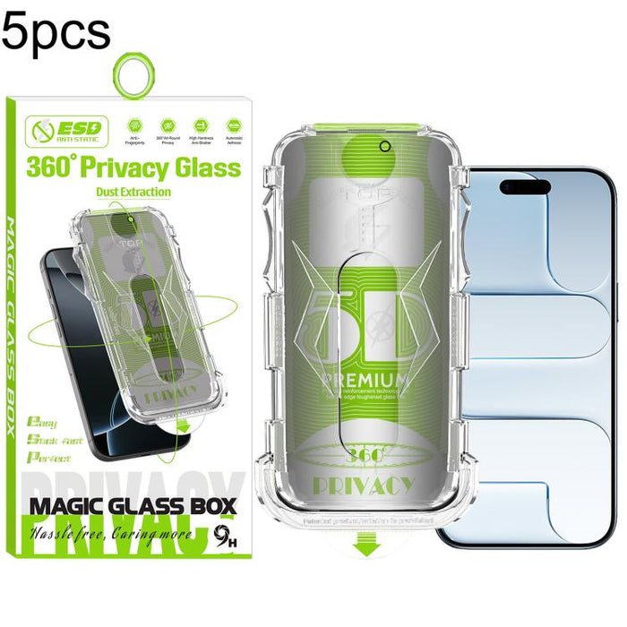 5 unidades de caja curva 5D a prueba de polvo, fácil instalación, con pantalla de vidrio templado de privacidad de borde a borde y 360 grados., For iPhone 17e / 16e / 14 / 13 Pro, For iPhone 17 Pro Max, For iPhone 17 Pro, For iPhone 17 / 16 Pro        ...
