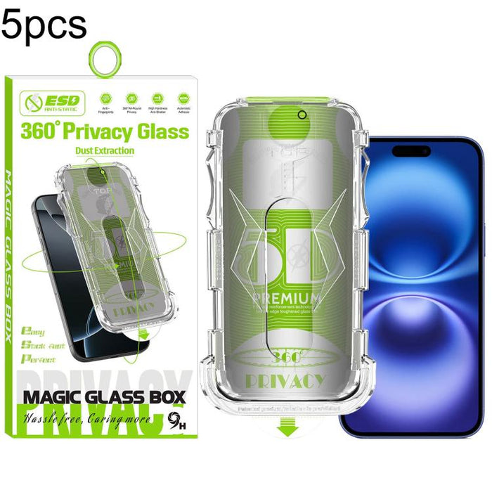 5 unidades de caja curva 5D a prueba de polvo, fácil instalación, con pantalla de vidrio templado de privacidad de borde a borde y 360 grados., For iPhone 17e / 16e / 14 / 13 Pro, For iPhone 17 Pro Max, For iPhone 17 Pro, For iPhone 17 / 16 Pro        ...