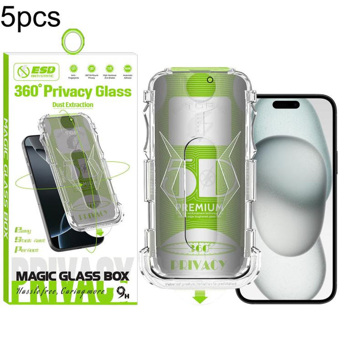 5 unidades de caja curva 5D a prueba de polvo, fácil instalación, con pantalla de vidrio templado de privacidad de borde a borde y 360 grados., For iPhone 17e / 16e / 14 / 13 Pro, For iPhone 17 Pro Max, For iPhone 17 Pro, For iPhone 17 / 16 Pro        ...